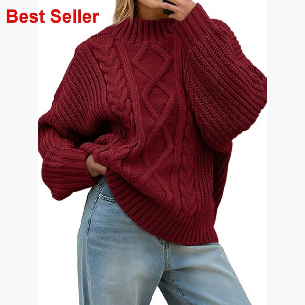 Oversized Cable Knit Pullover Sweater with Button Mock Neck